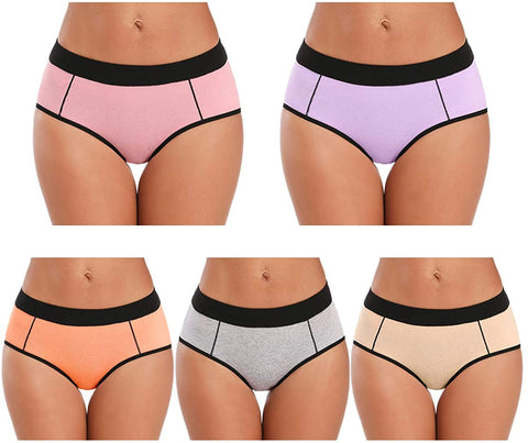 POKARLA Women's Cotton Stretch Underwear Ladies Mid-high Waisted Briefs Panties 5-Pack