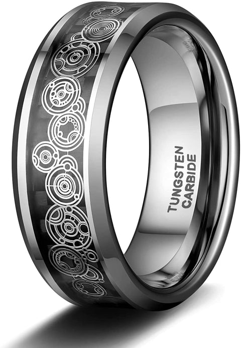 TRUMIUM 8mm Tungsten Rings for Men Women Wedding Bands Blue Carbon Fiber Steampunk Gear Inlay Ring Comfort Fit Size 6-13