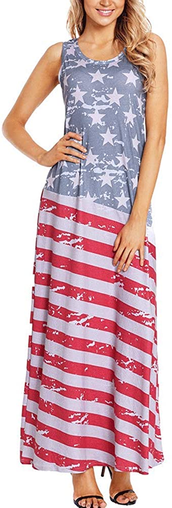 Women's American Flag Printed Round Neck Sleeveless Dress Long Casual Skirt