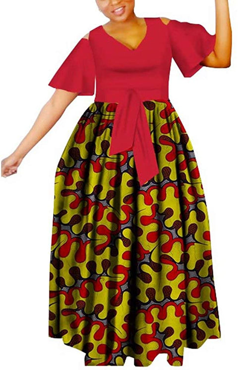 XIAOHUAGUA Women's Elegant Short Sleeve Maxi Dress African Dashiki Casual Tie Waist Daily Dresses