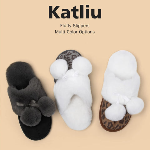 Katliu Women's Fluffy Slippers Warm Faux Fur Memory Foam Slippers Non Slip House Slippers