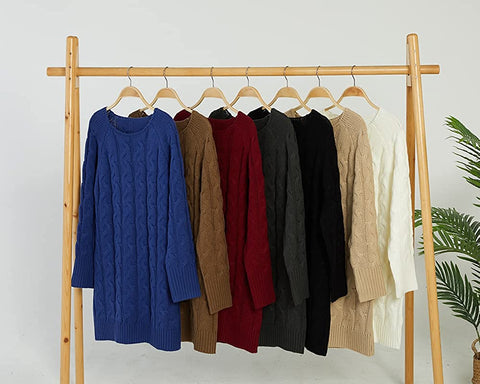 Sweater Dress for Women Long Sleeve Cable Knit Casual Crew Neck Mini Dress Warm Chunky Sweater Pullover