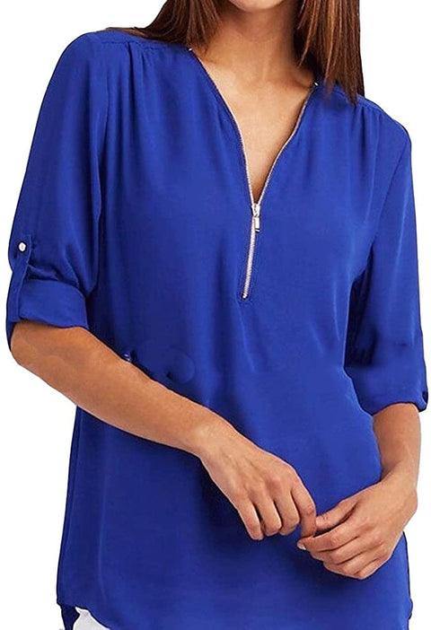Women V Neck Plus Size Chiffon Blouse Shirts with Half-Zip Up in The Front Blue