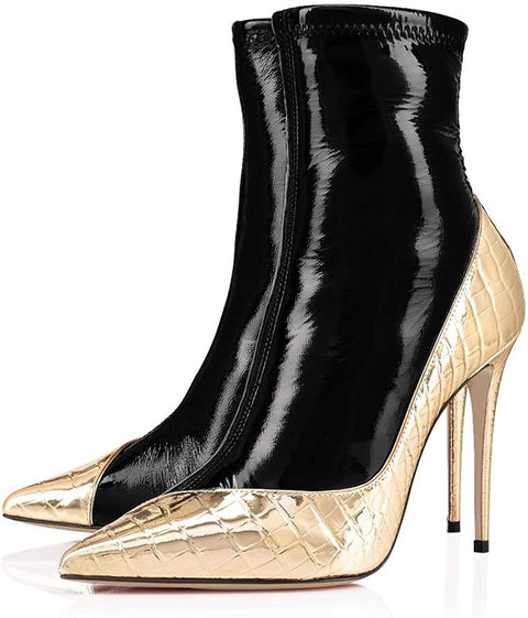 FSJ Women Fashion Two Toned Ankle Boots Pointed Closed Toe High Stiletto Heels Short Booties Patchwork Patent Matte Leather Side Zipper Ladies Party Prom Fall Winter Dress Shoes Size 4-15 US