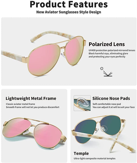 AWGSEE Aviator Sunglasses For Women Polarized UV Protection Sun glasses Mirrored Lens