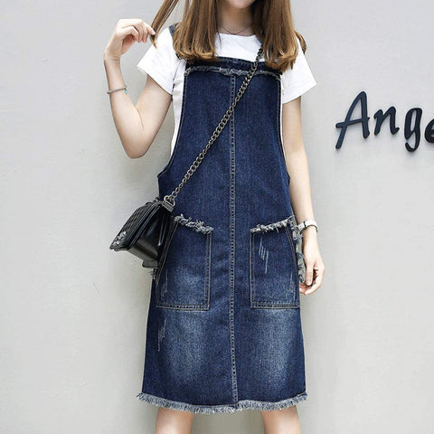 Women's Casual Denim Overalls Dress Ripped Adjustable Strap Skirt Plus Size