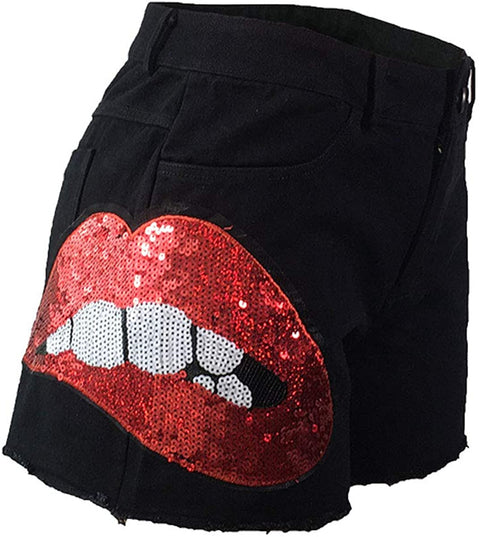 Women's Sequin Deco Summer Frayed Hem Casual High Waist Skinny Denim Shorts