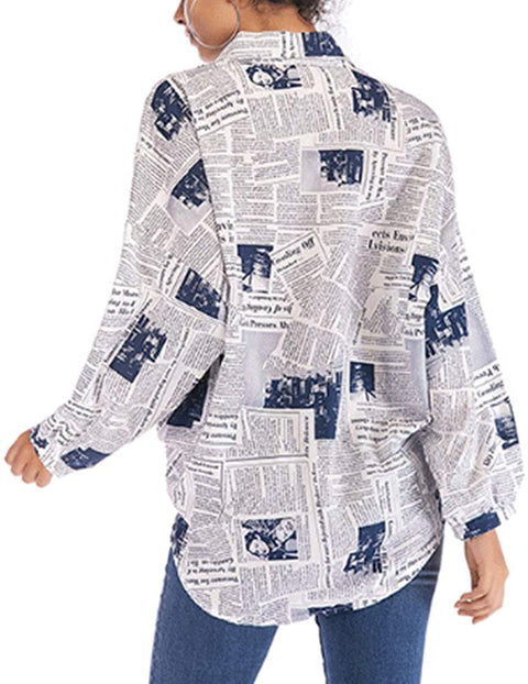 Women's Loose Fashion Letter Printed Newspaper Blouses Button Down Shirts
