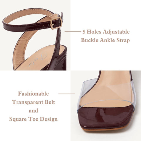 Putu Women's Clear Square Open Toe Heeled Sandals Ankle Strap Chunky Block High Heels Buckle Strappy Dressy Heeled Sandals