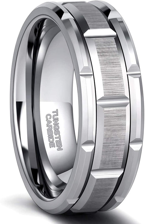 8mm Mens Tungsten Wedding Band Silver/ Gold/Black Brick Pattern Brushed Finish Engagement Ring Masculine Comfort Fit Size 7-13