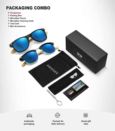 AWGSEE Polarized Wood Sunglasses For Men And Women Bamboo Wooden Frame Driving Sun Glasses 100% UV Protection