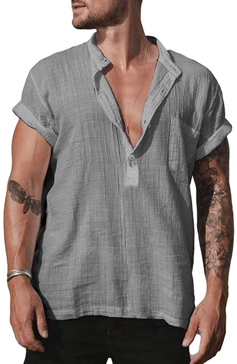 Karlywindow Men's Cotton Linen Henley Shirt Short Sleeve Hippie Casual Comfort Beach Yoga T Shirts