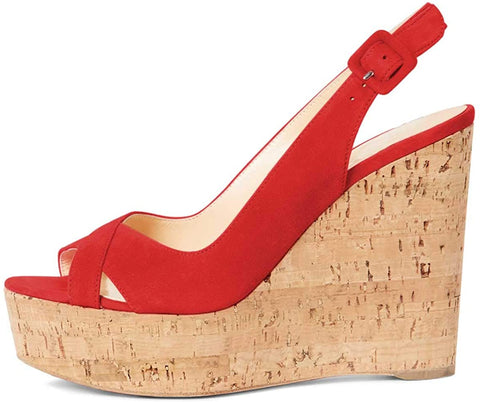 FSJ Women Summer Platform Wedge High Heeled Sandals Peep Toe Slingback Dress Faux Suede Pump Size 4-15 US