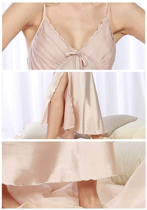 Women's Oversized Silk Solid Nightdress Plain Spaghetti Strap Sexy Sleeveless Long Nightgown