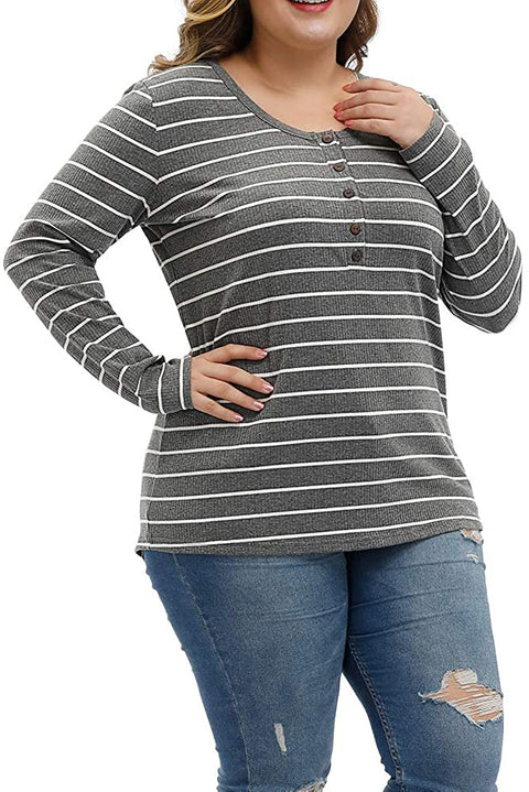 Women Plus Size Tops Long Sleeve Knitwear Stripe Clothing Casual Polo Shirts Button Up Blouse