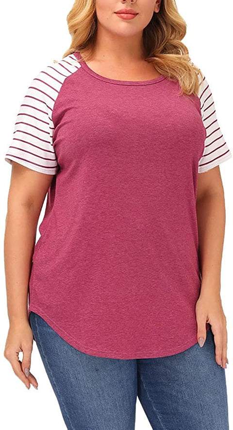 Plus Size Tops Women Stripe Short Sleeve Summer Casual Raglan T Shirts