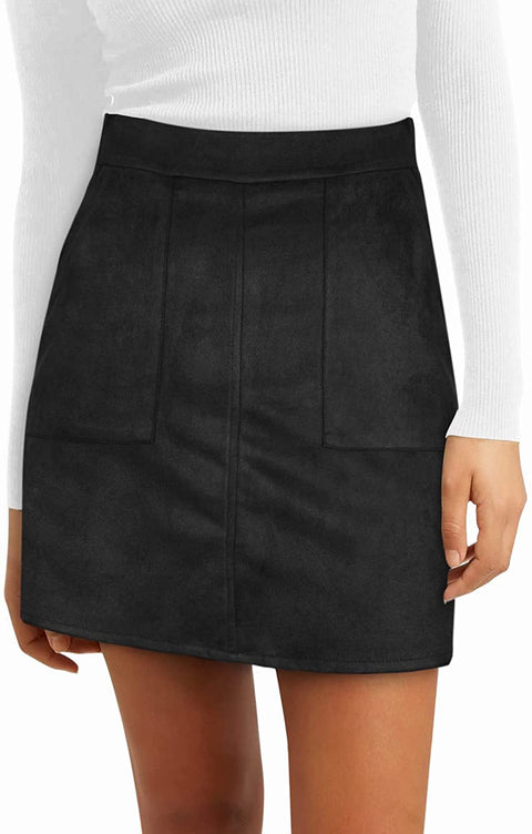 Skirts for Women High Waisted Mini Skirt Faux Suede A Line Skirt with Slant Pocket