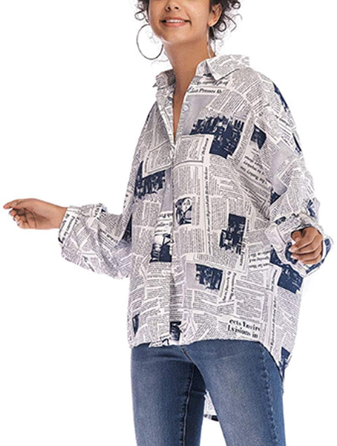 Women's Loose Fashion Letter Printed Newspaper Blouses Button Down Shirts