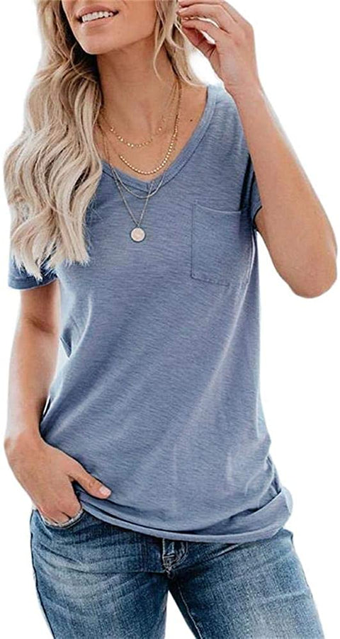 Women's Short Sleeve V Neck T Shirts Pocket Summer Casual Tops Tees