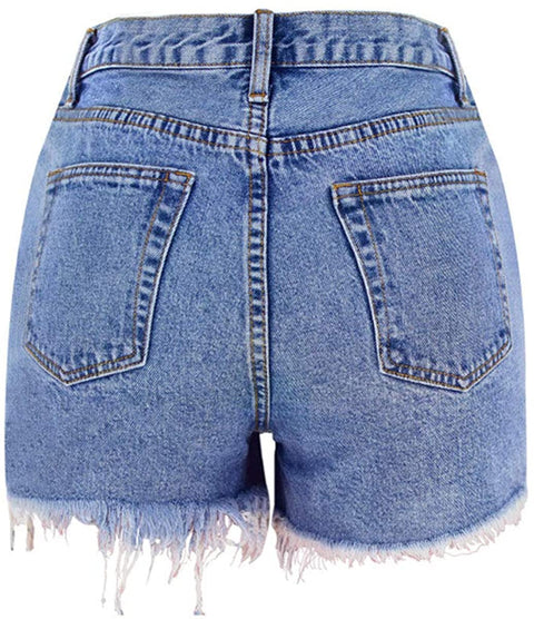 Women's Irregular Frayed Hem Casual High Waisted Solid Denim Shorts