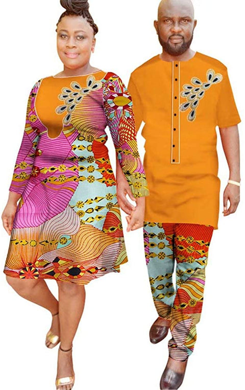 XIAOHUAGUA 2 Pieces Lovers Matching Long Sleeve Dresses with Headwrap for Womens Mens Pants Sets African Couple Wedding Clothes Orange