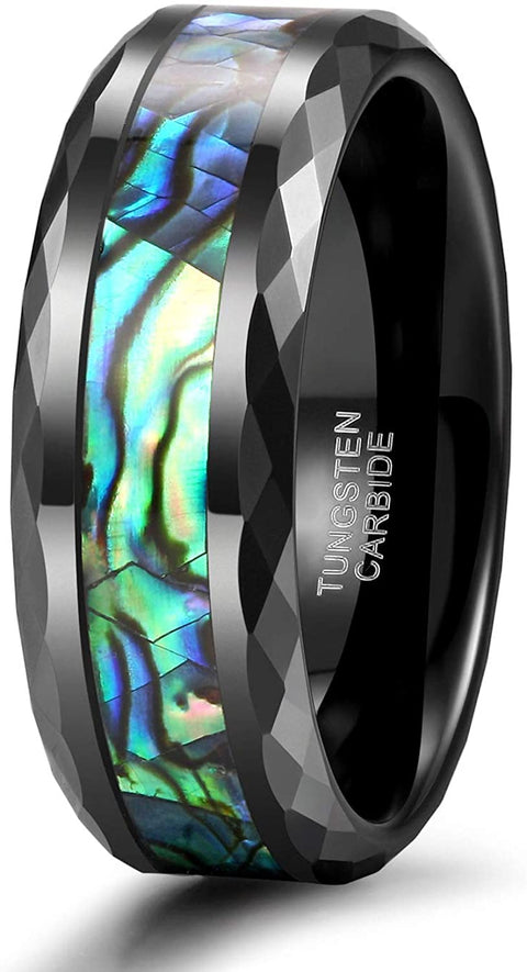 TRUMIUM 8mm Abalone Shell Tungsten Carbide Rings Wedding Bands Faceted Edge Comfort Fit Size 7-13