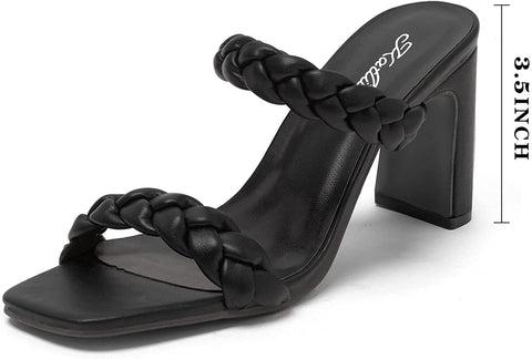 Katliu Women's Braided Heeled Mules Square Toe Block Heel Sandals Two Strap Heeled Slide Sandals