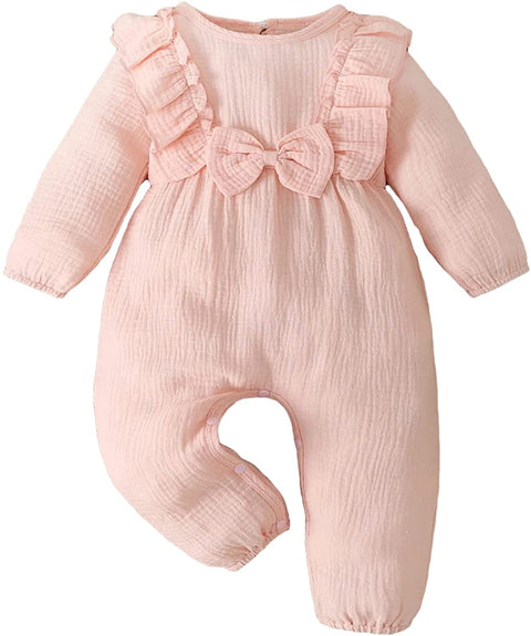 Toddler Baby Girls Casual Button Crotch Rompers Soft Solid Comfortable Bowknot Cute Infant Bodysuits Outfits
