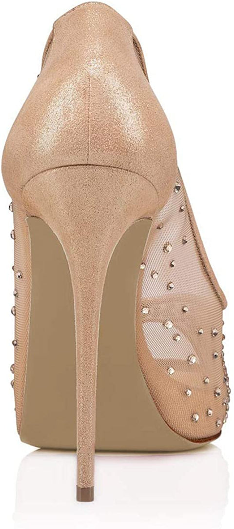 FSJ Women Sexy Peep Toe Pumps Mesh Upper with Rhinestones Decor Stiletto High Heels Slip On Evening Bridal Party Dress Shoes Size 4-15 US