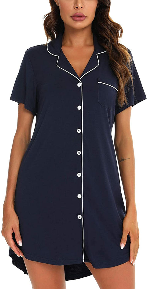 Pajama Nightgown for Women Short/Long Sleeve Button Down Nightwear Top Boyfriend Sleep Shirts Nightdress S-XXL