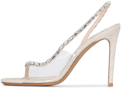 FSJ Women Sexy Open Square Toe Transparent Sandals High Stiletto Heel Rhinestones Strap Slingback Pumps Party Date Shoes