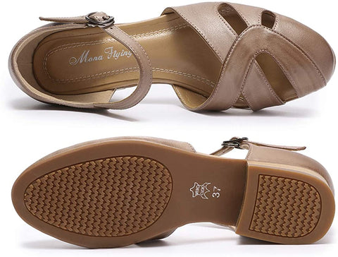 Mona flying Women Leather Tatianna Dress Sandals Closed Toe Low Heels Strappy Flats Summer Casual Shoes