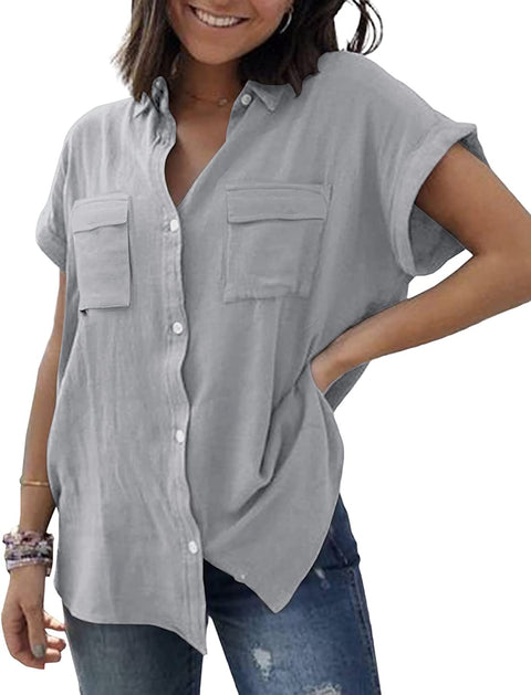 Womens V Neck Button Down Shirt Cuffed Sleeve Summer Beach Casual Tops Loose Fit Blouse with Two Side Pockets