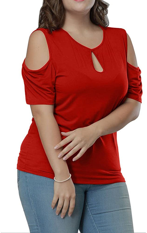 Women's Plus Size Top Keyhole Front Short Sleeve Cold Shoulder T Shirt