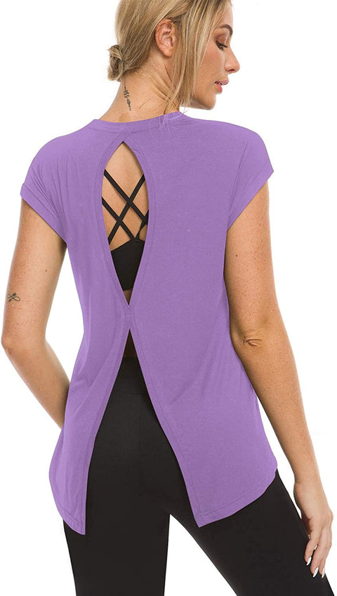 Women’s Open Back Loose Fit Workout Tops Backless Short Sleeve Yoga Shirts Gym Exercise Crop Tank Tops