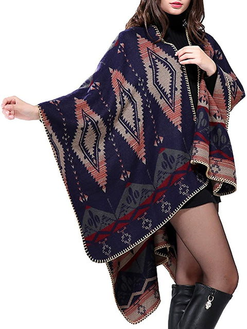 Women's Color Block Shawl Wrap Open Front Poncho Cape