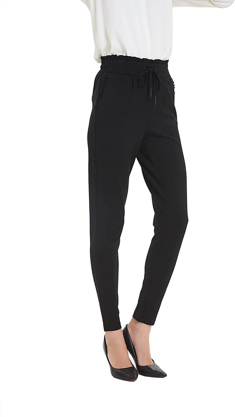 Womens Comfy Stretch Slim Skinny Ponte Pants with Ruffles Details