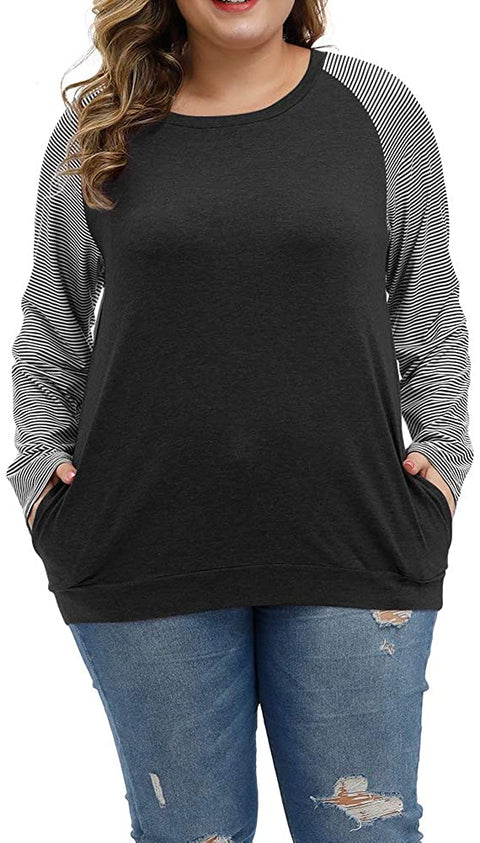 Plus Size Tops Women Casual Long Sleeve T Shirts Stripe Loose Blouses with Pocket