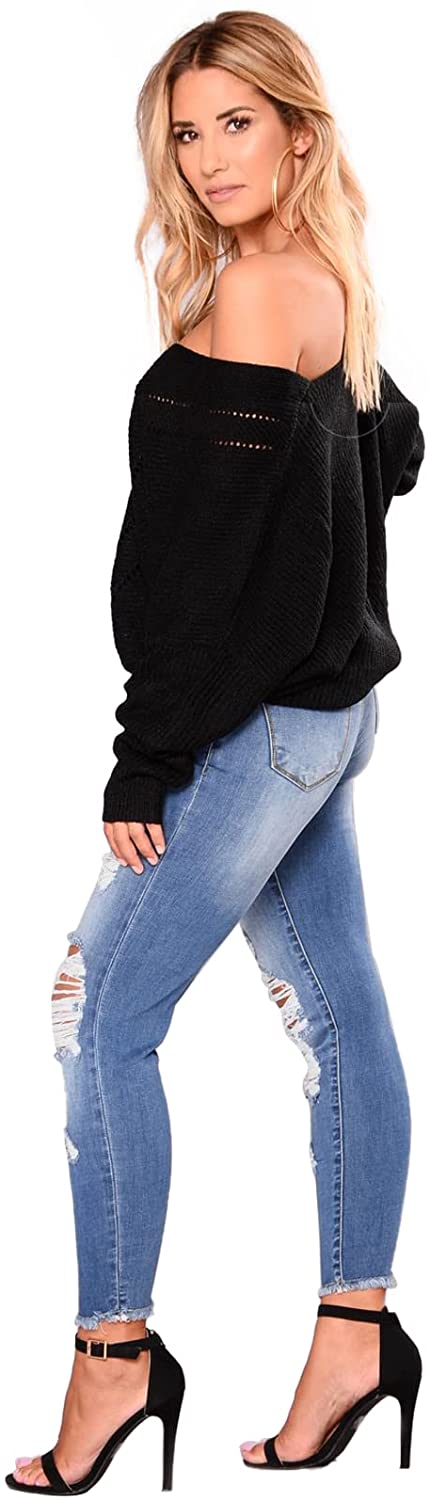 elselect Women's Fashion Ripped Jeans Mid Waist Skinny Jeans Stretch Destroyed Jeans for Women with Pockets