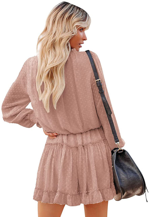 Womens Flowy Mini Swing Dress Casual Loose Long Sleeve V Neck Ruffle Tiered Swiss Dot Chiffon Short Dress