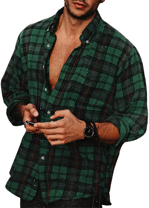 Mens Plaid Flannel Shirt Long Sleeves Button Down Collar Regular-fit Shirts with Pockets