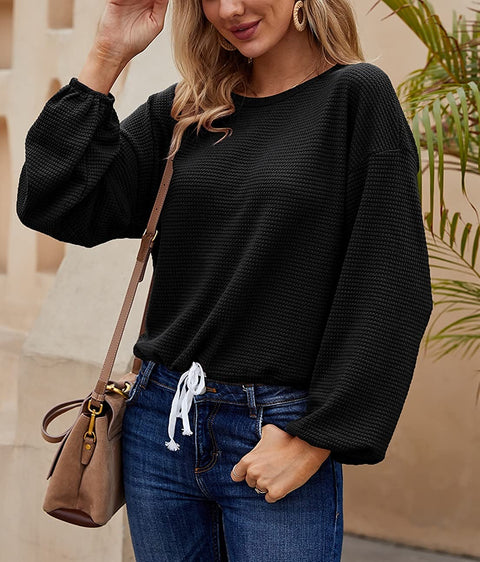 GAMISOTE Women's Waffle Knit Long Sleeve Tops Oversized Plain Crop Pullover Sweaters