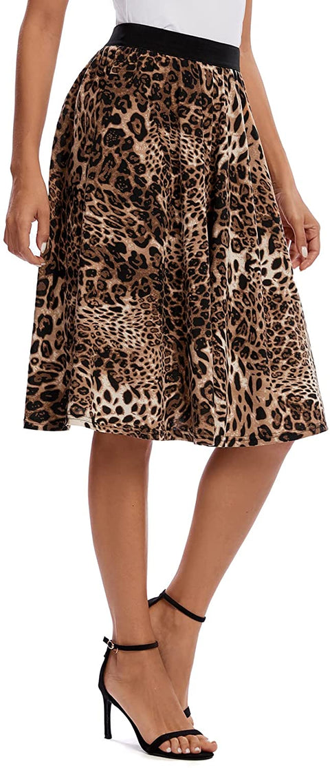 Women's Casual Elastic High Waist Leopard Print Pleated Shirring Midi Skirt