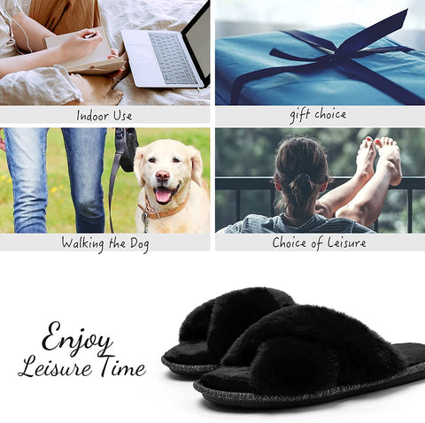 Women's Cross Band Furry Slippers Cozy Plush House Slippers Open Toe Soft Fuzzy Slippers Slip on Comfy Indoor Slippers