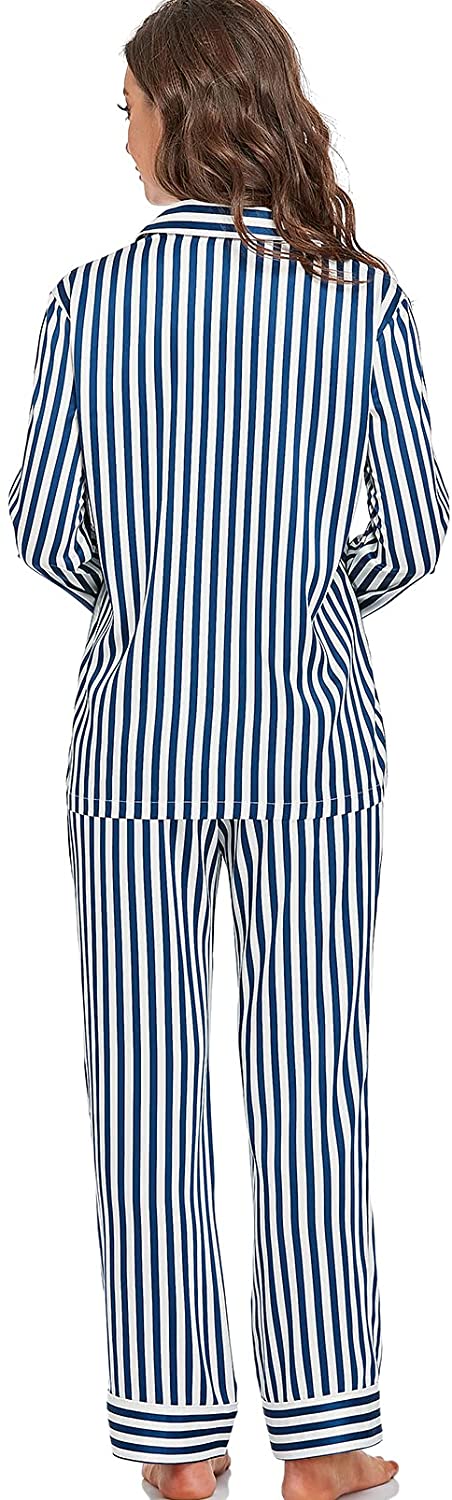 Women's Satin Pajama Set Long Sleeve Button Sleepwear 2-Piece Pj Lounge Set