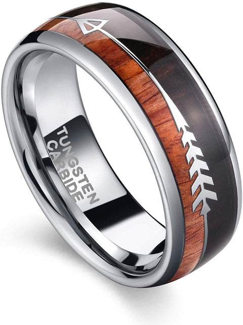 TRUMIUM 8mm Tungsten Wedding Ring Koa Wood Arrows Inlay Vikings Hunting Ring Silver/Black Band Dome Comfort Fit Size 6-13