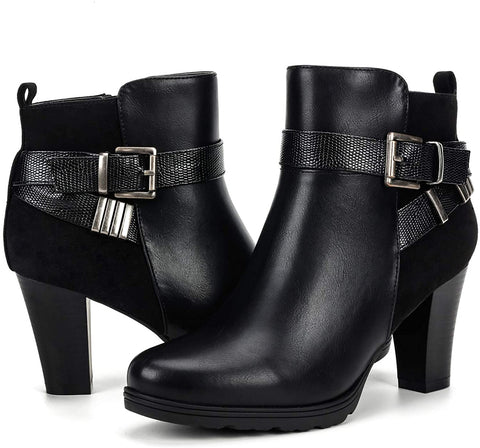mysoft Women's Zipper Bootie Chunky Stacked Heel Ankle Boots Buckle Strap Ankle