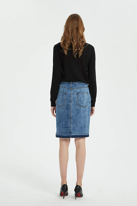 Womens Distressed Stretch Denim Pencil Skirt Frayed Hem