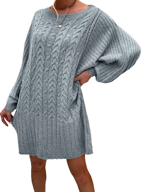 Women's Fashion Bat Long Sleeves Sweater Dress Hollow Cable Knitted Loose Pullover Autumn Dresses