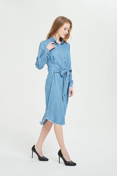 Womens Distressed Long Sleeve V Neck Button Down Denim Shirt Dress with Belt